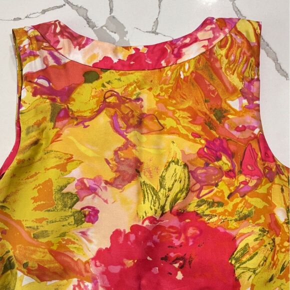 J. Crew | Yellow Pink Floral Print Silk Asymmetric Tie Women’s Sleeveless Blouse - Picture 7 of 13